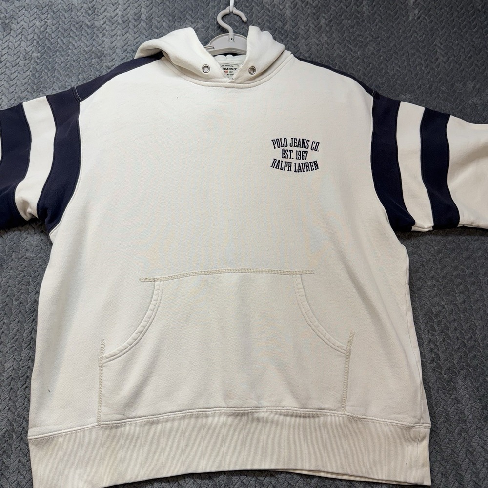 Vintage Polo Jeans Co Ralph Lauren Hoodie Men Large Cream Navy Varsity Stripe